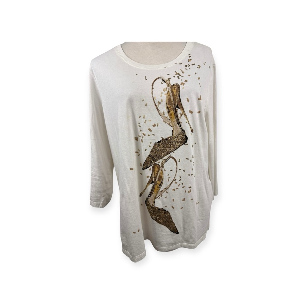 Weekends by Chico's white top with gold shoe print with bling size 3/XL-16